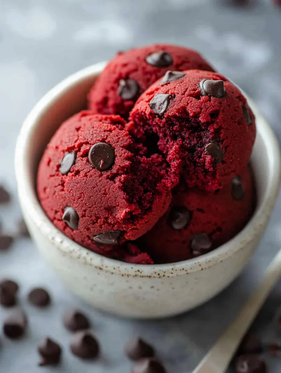 Eine Schüssel Red Velvet mit Schokodrops.