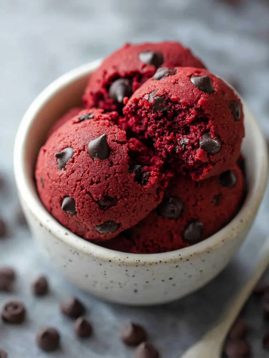 Eine Schüssel Red Velvet mit Schokodrops.