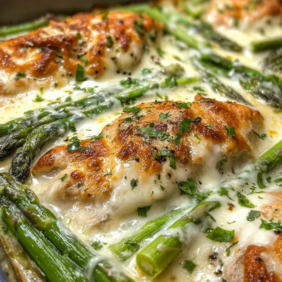 Hähnchen mit Spargel und Käse angerichtet.