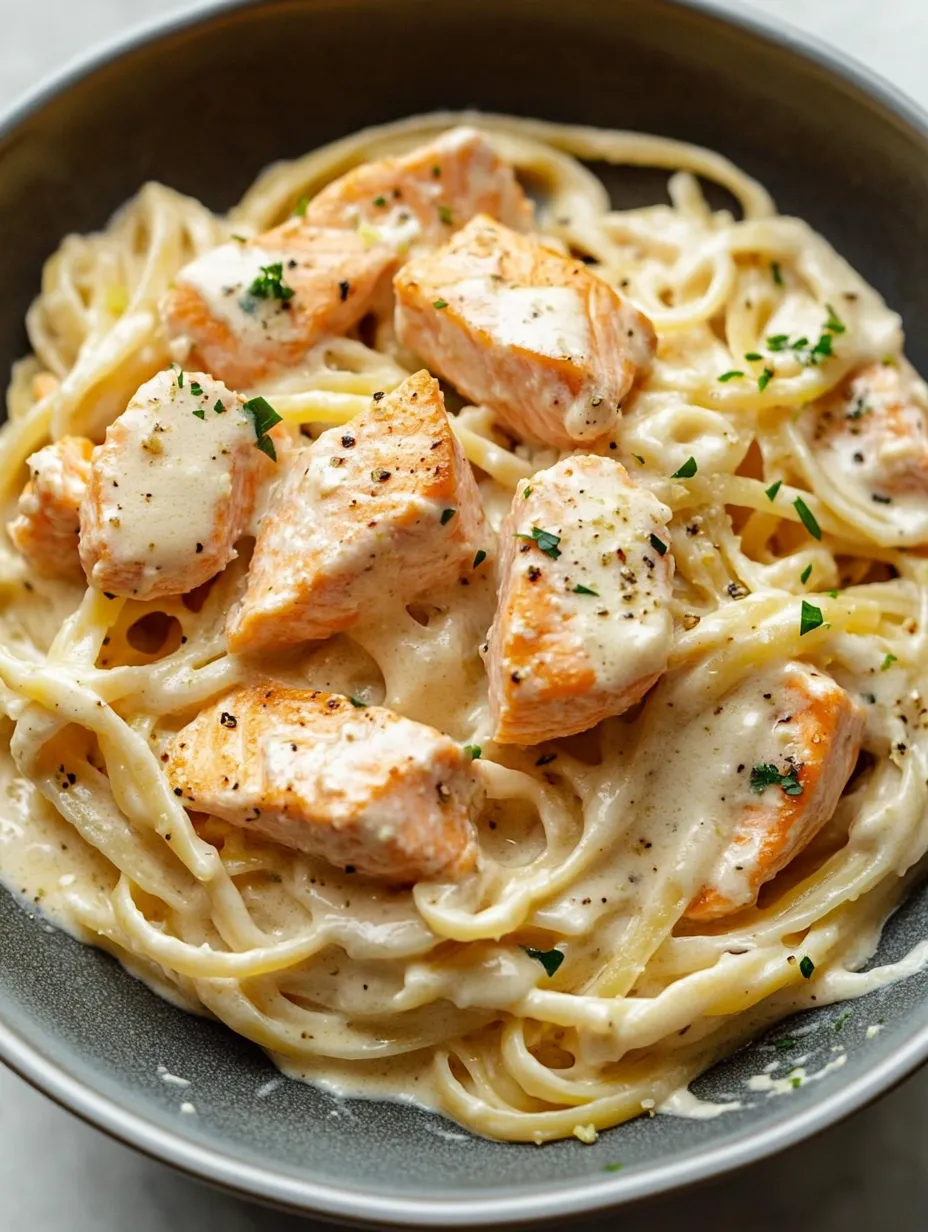 Ein Teller Pasta mit Hähnchen und Käse.