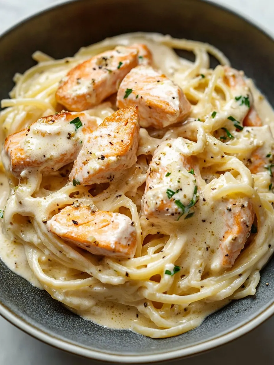 Ein Teller Pasta mit Hähnchen und Kräutern.