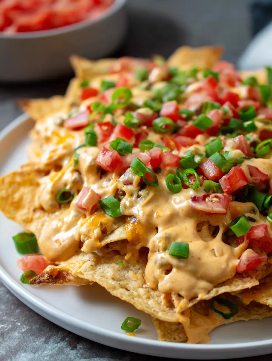Ein Teller Nachos mit Käse und Tomaten.