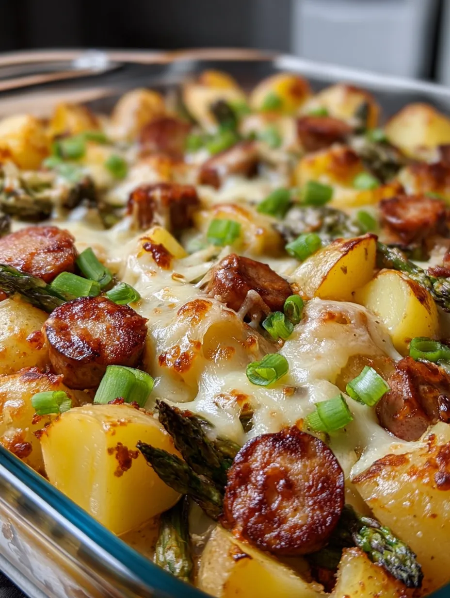 Auflauf mit Kartoffeln, Spargel und Wurst.