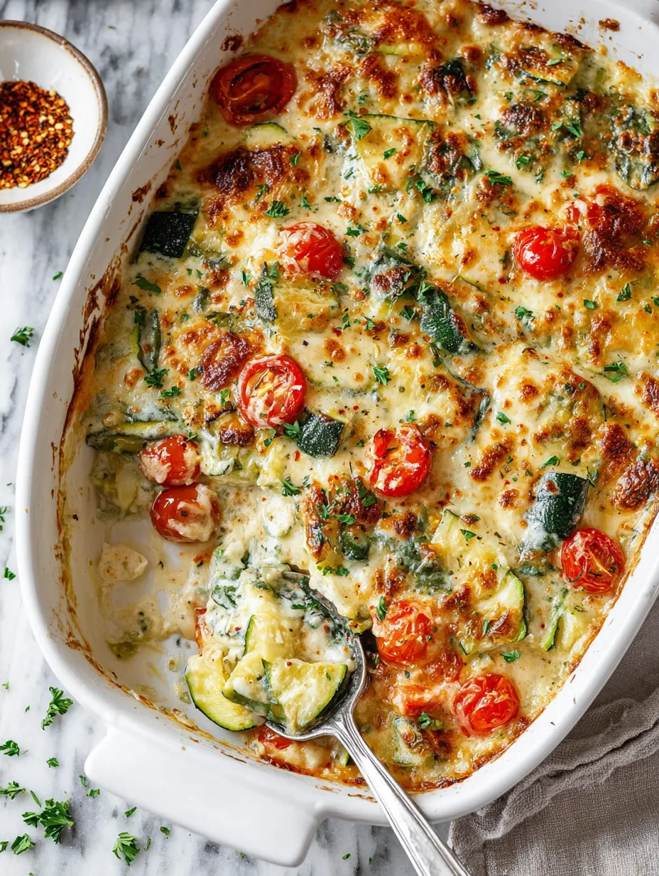 Ein Auflauf mit Tomaten, Zucchini und Käse.