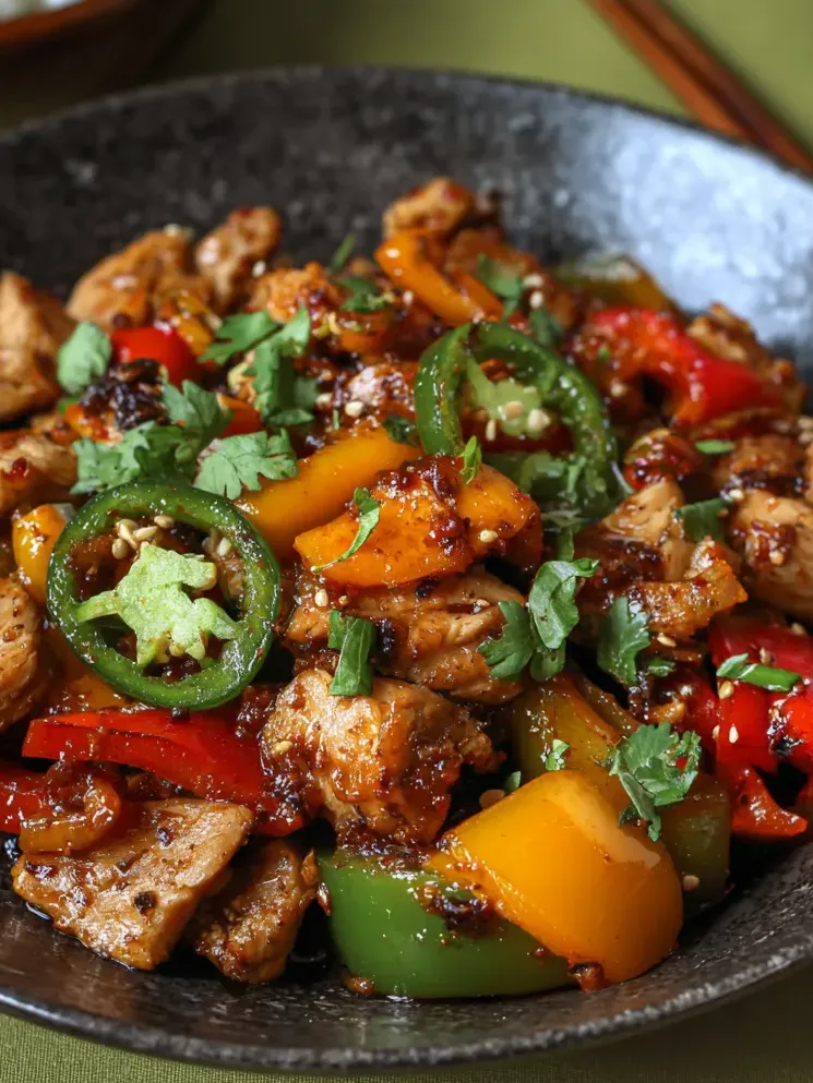 Bunter Teller mit Paprika und Hähnchen.