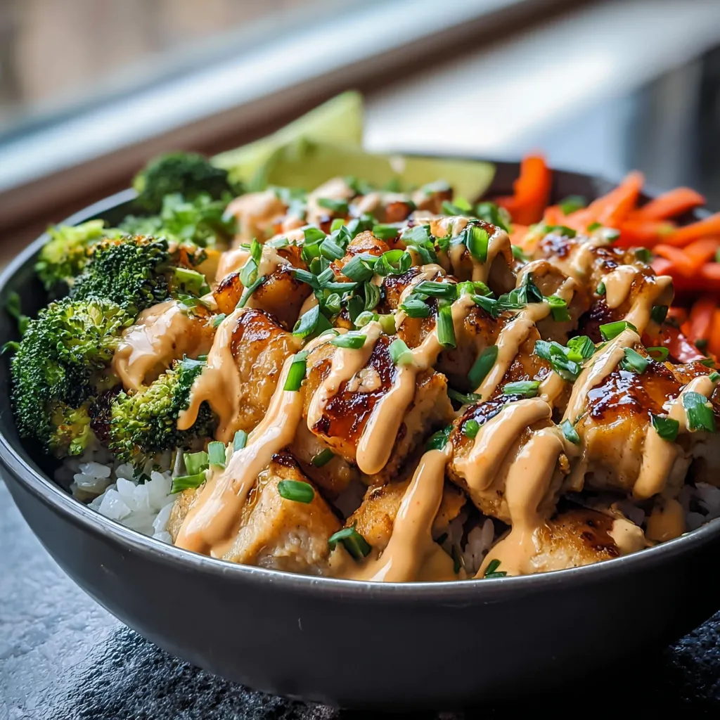Warme Schale mit Reis, Gemüse und saftigem Huhn.