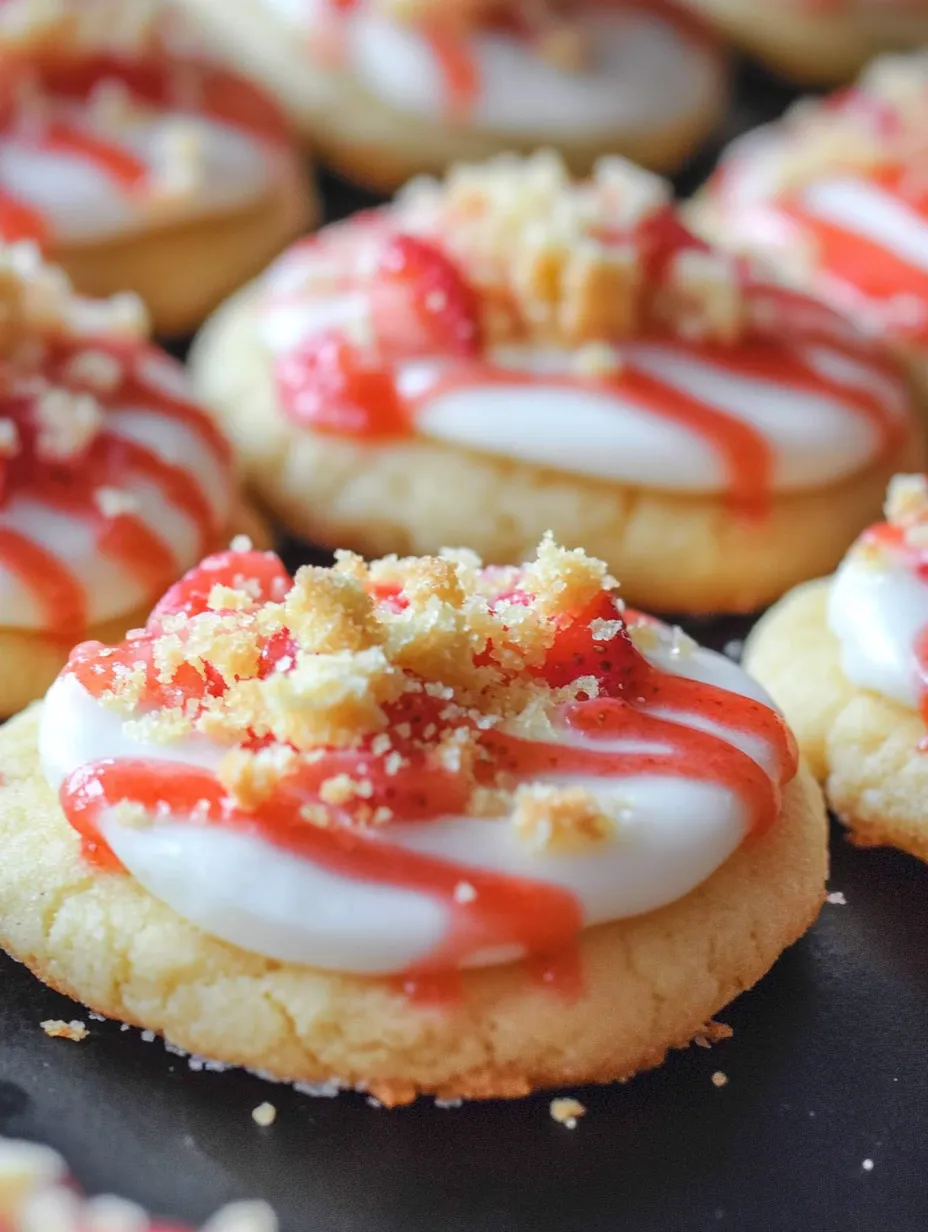 Plätzchen mit weißem Zuckerguss und roter Erdbeersauce.