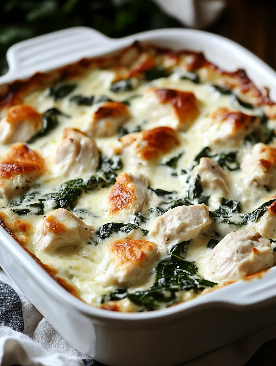 Auflauf mit Hühnchen und Spinat.