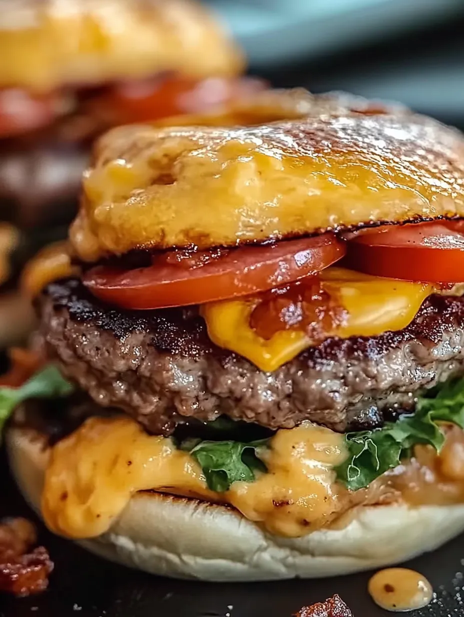 Ein saftiger Cheeseburger mit Tomaten und Bacon in Großaufnahme.