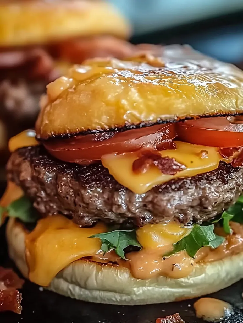 Ein Cheeseburger mit Tomaten und Bacon.