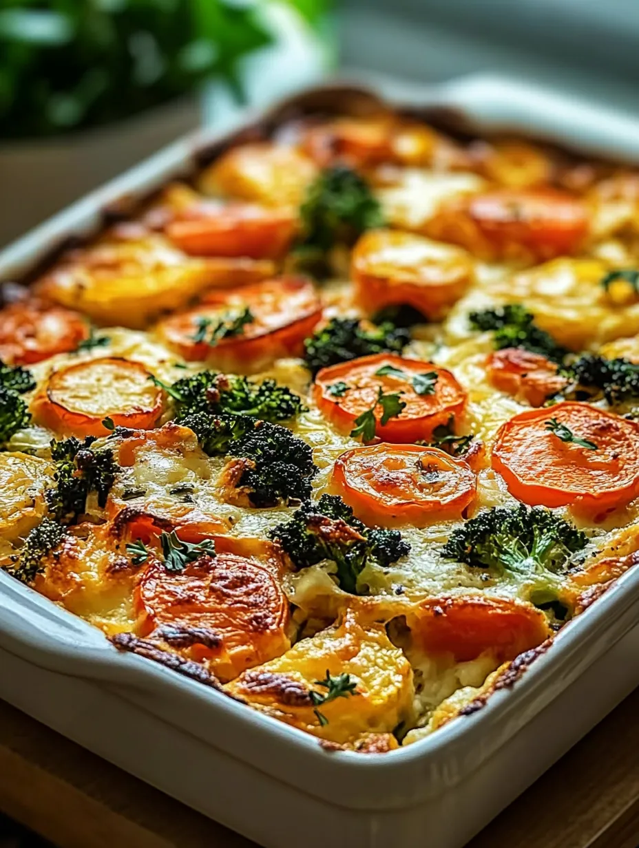 Eine Auflaufform mit Brokkoli und Karotten.