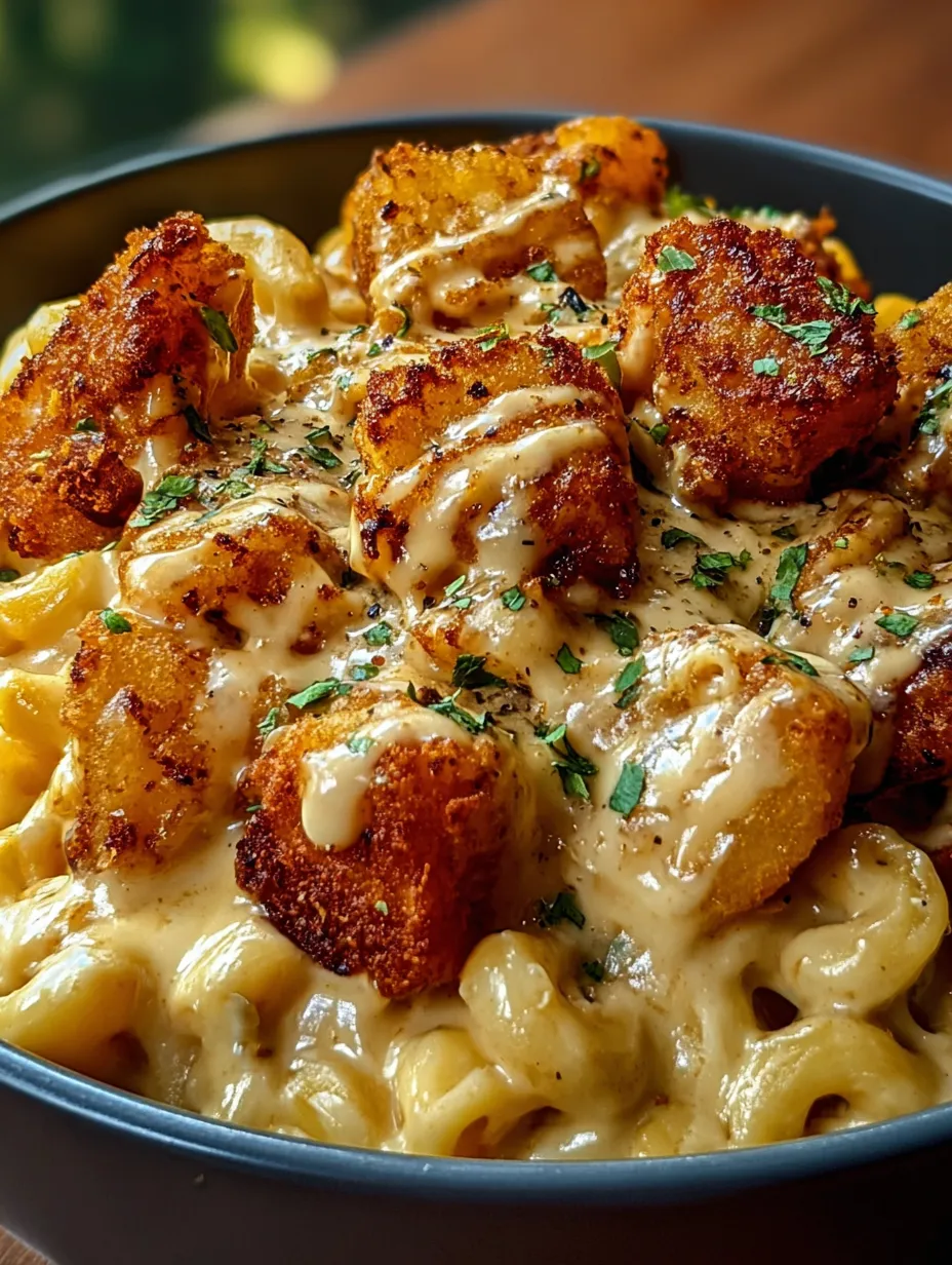 Schale mit Käse-Makkaroni und knusprigem Hähnchen drauf.