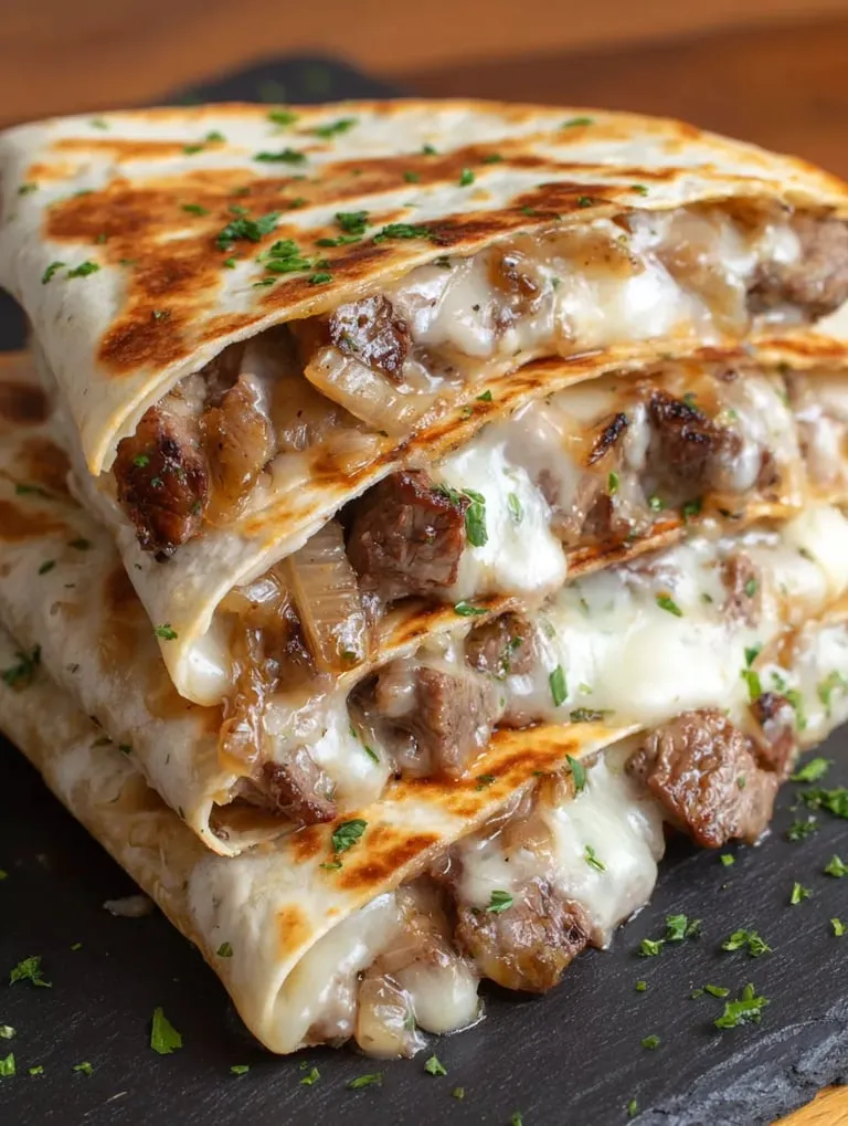 Ein Stapel Burritos mit Fleisch und Käse.