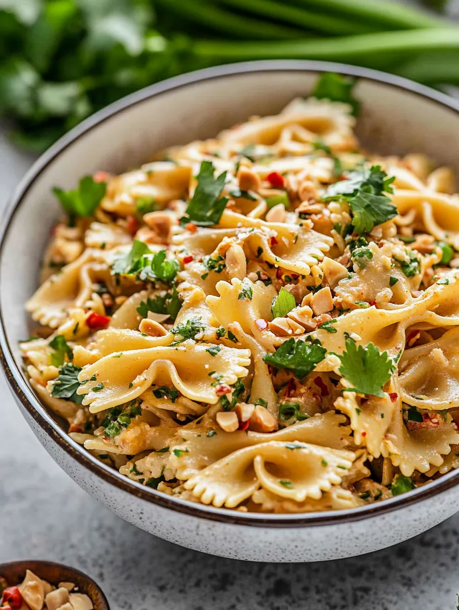 Schüssel mit Nudeln, Nüssen und Kräutern.