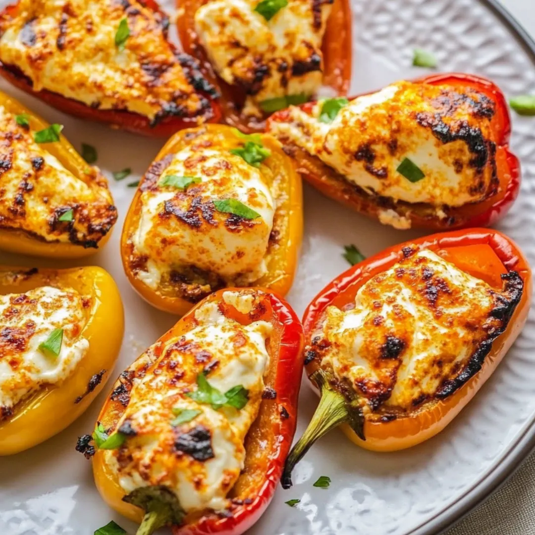Ein Teller mit gegrillten Paprika und cremigem Käse.