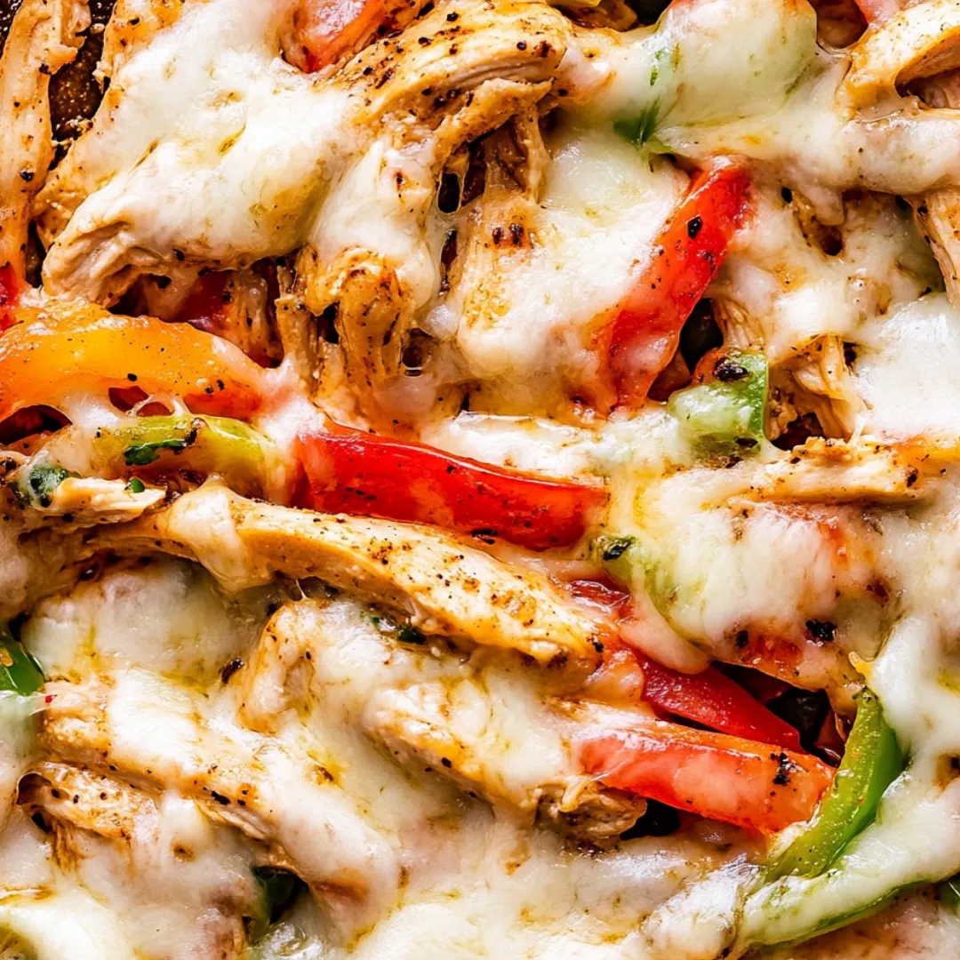 Nahaufnahme eines Käseschmelzes mit Paprika auf knusprigem Teig.