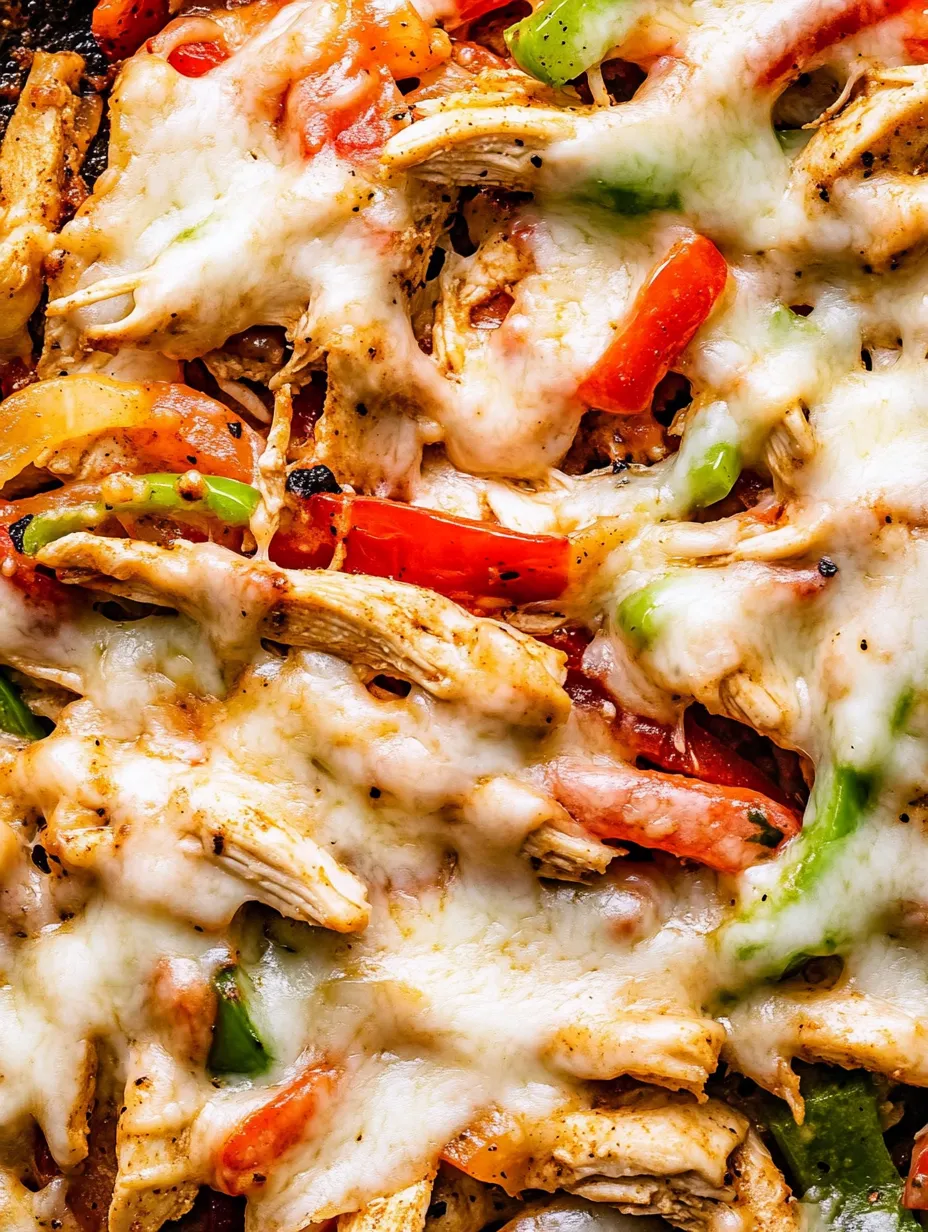 Nahaufnahme einer Pizza mit Hähnchen und Paprika.