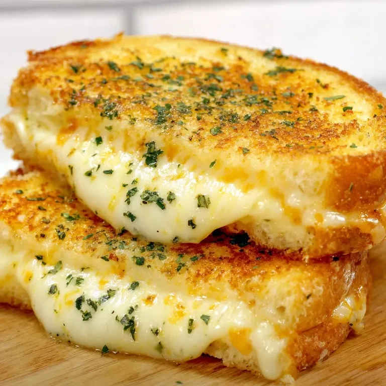 Zwei Stück knuspriger Käsetoast auf Holztisch.