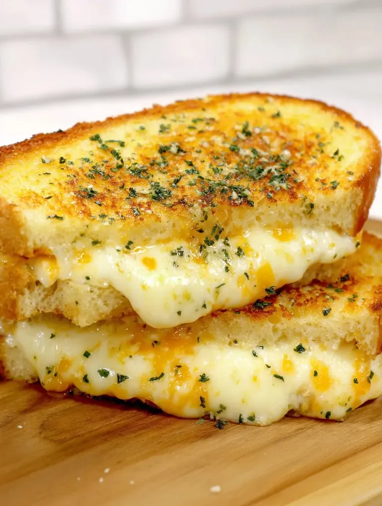 Zwei Scheiben überbackenes Käsesandwich auf Holztisch.