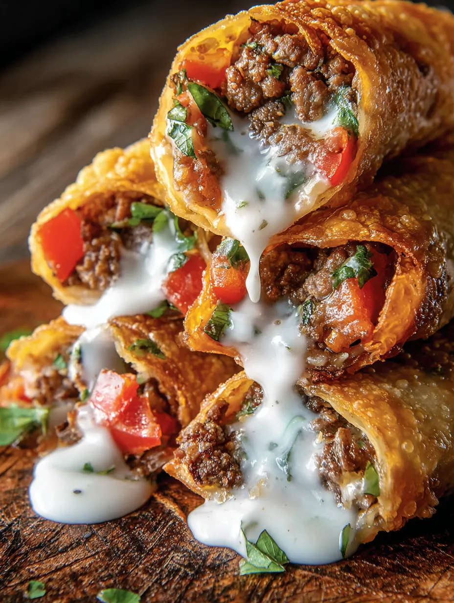 Ein Stapel Burritos mit weißer Sauce obendrauf.