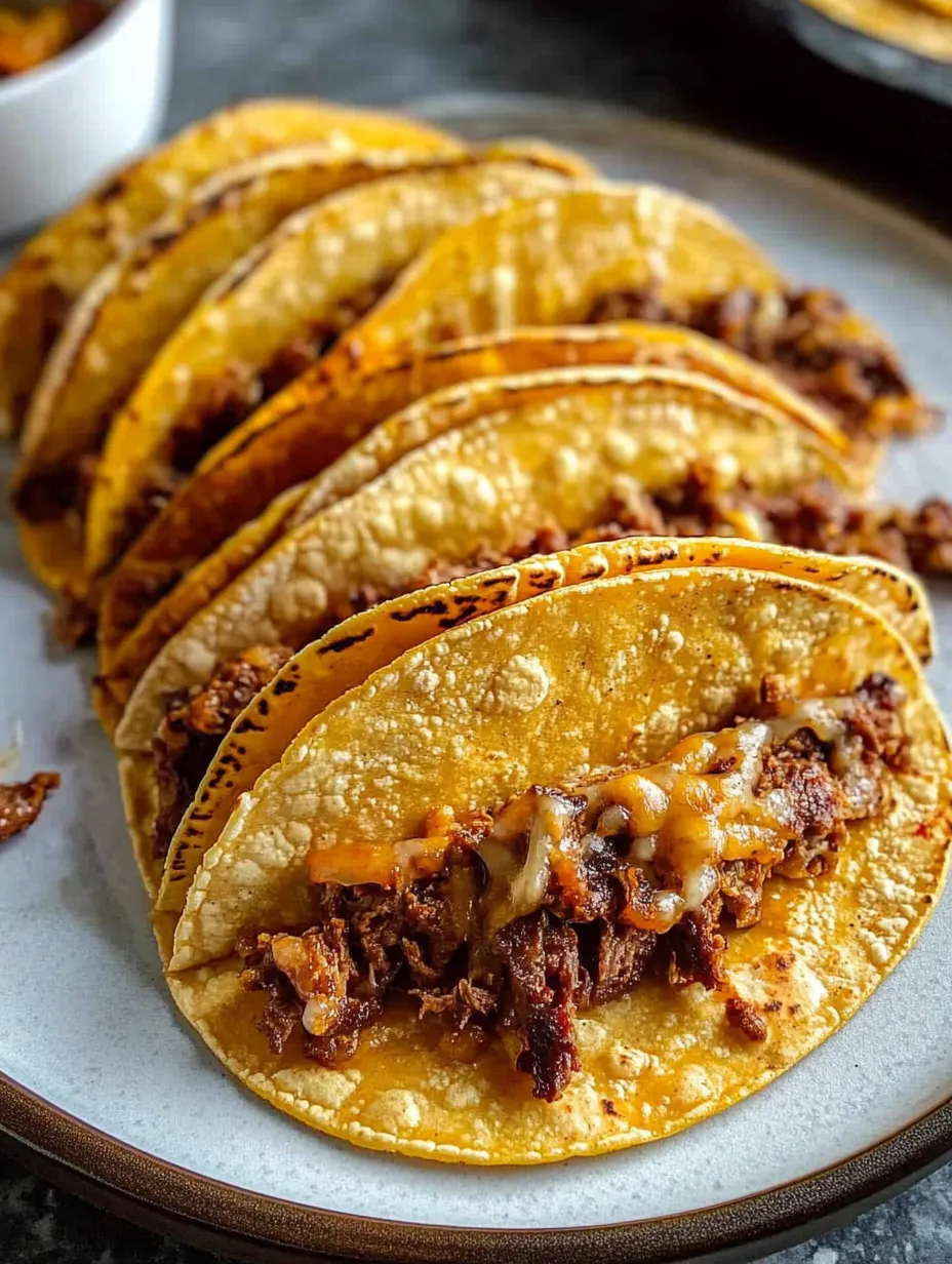 Ein Teller Tacos mit Fleisch und Käse.