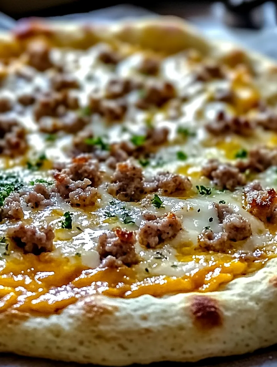 Ein Stück Pizza mit Wurst und Käse.
