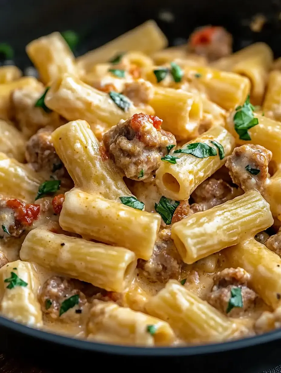 Eine Schüssel Pasta mit Wurst und Tomatensoße.