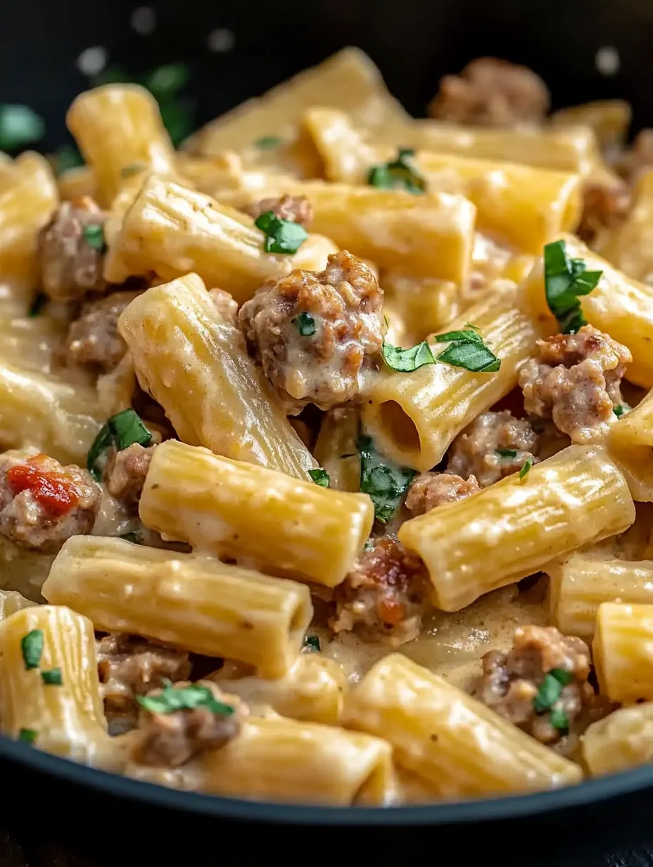 Eine Schüssel Pasta mit Wurst und Käse.