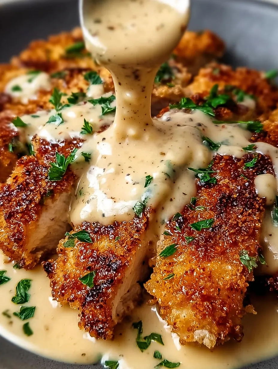 Ein leckeres Stück Hähnchen mit Soße drauf.
