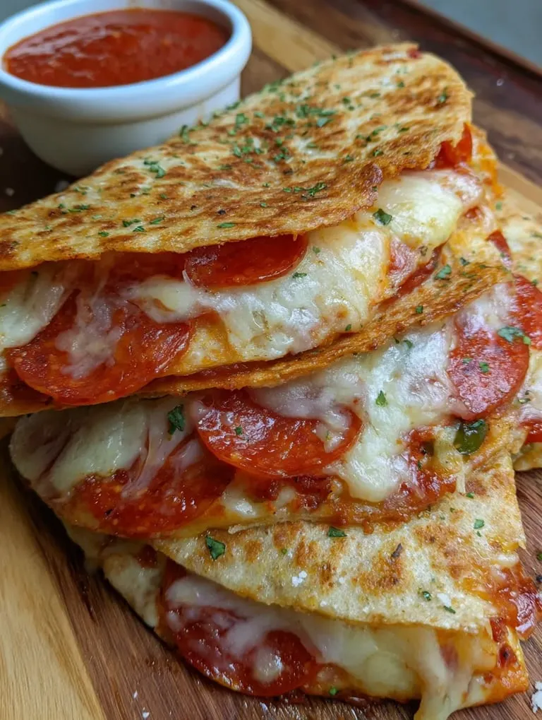 Ein Stapel Pizzastücke mit Käse und Salami.