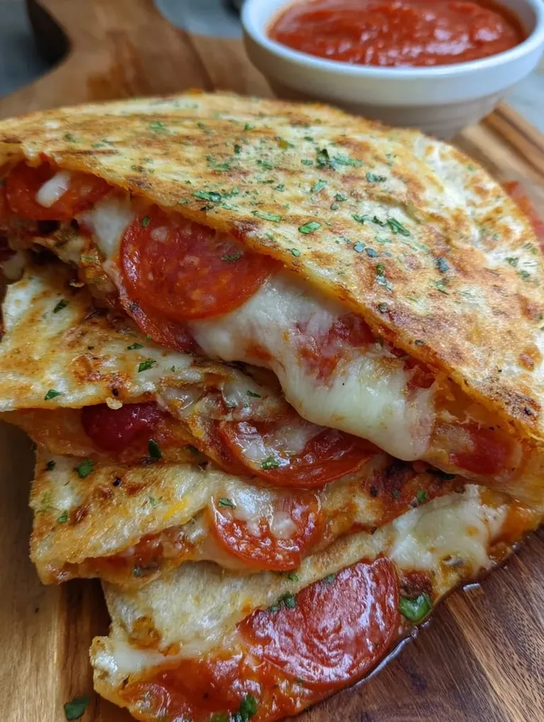 Ein Stapel Pizzastücke mit Tomaten und Käse.
