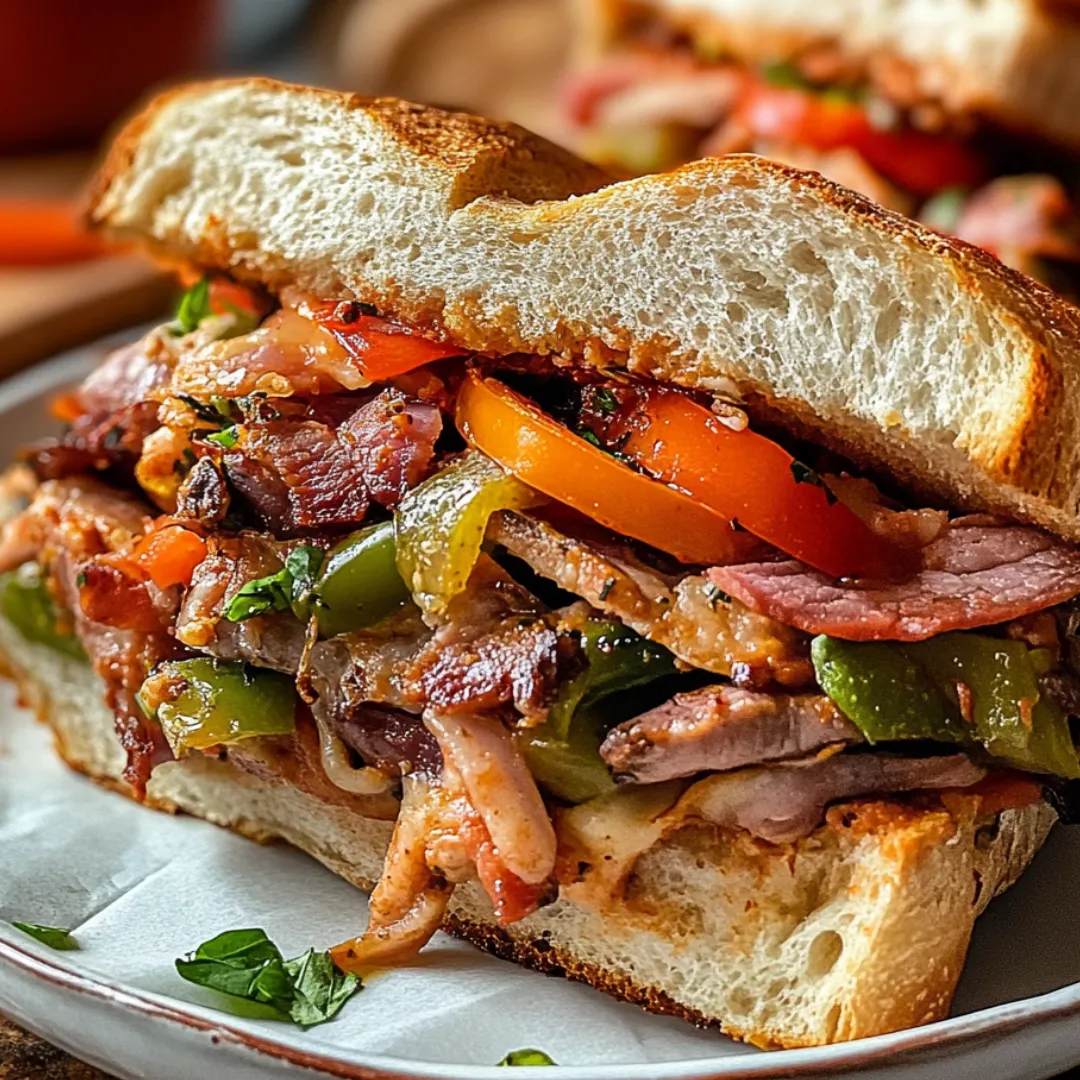 Ein Sandwich mit Wurst, Tomaten, Paprika und knackigem Salat.