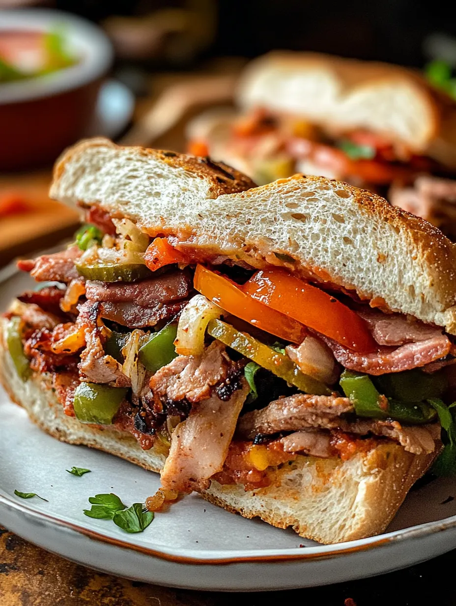 Ein Sandwich mit Wurst, Paprika und Tomaten.