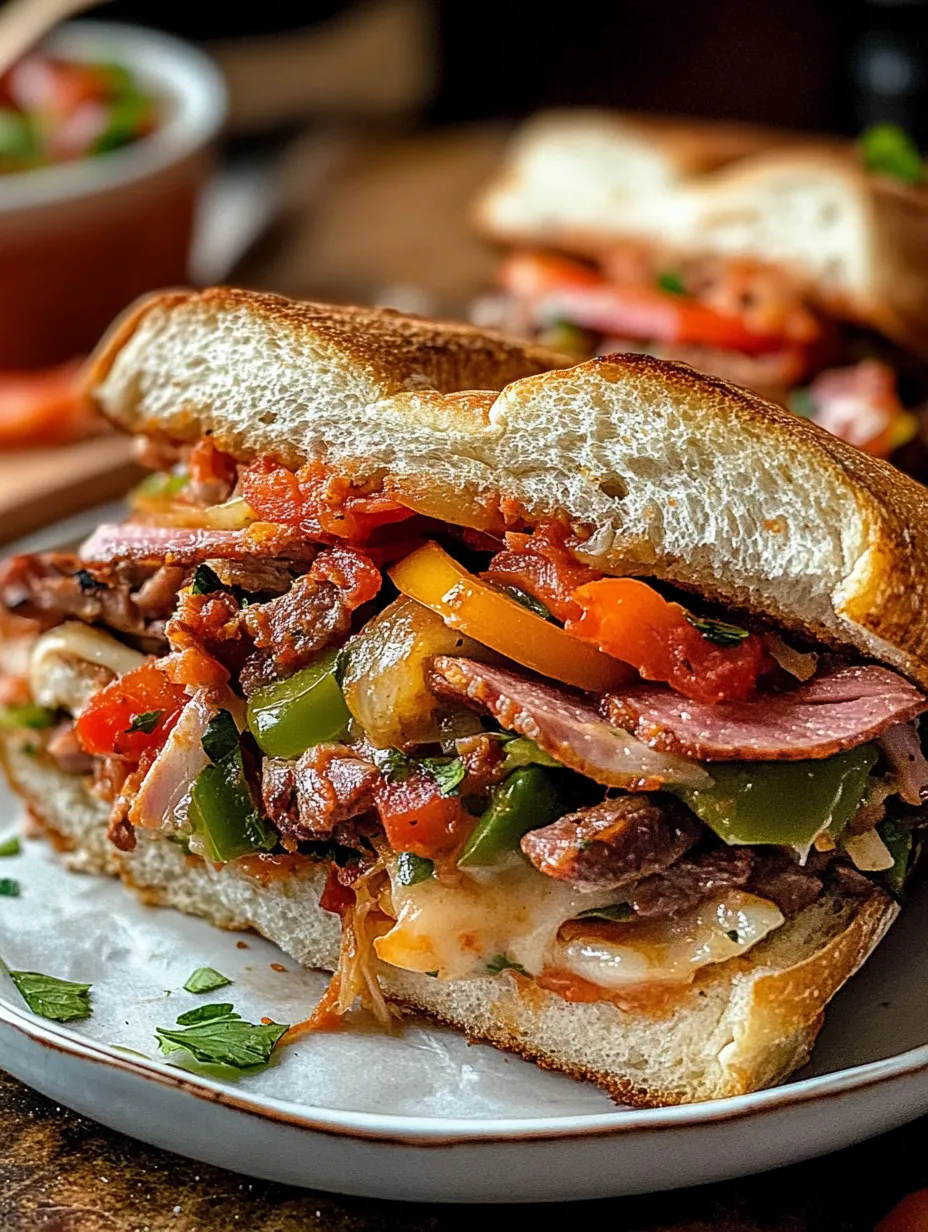 Ein Sandwich mit Wurst, Paprika und Tomaten.
