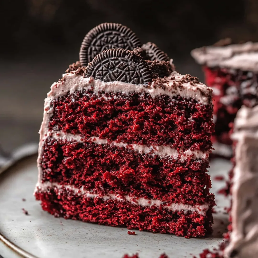 Ein Stück roter Kuchen mit Schokostückchen.