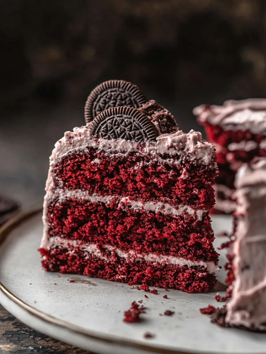 Kuchenstück Red Velvet mit Schokokeks als Deko.