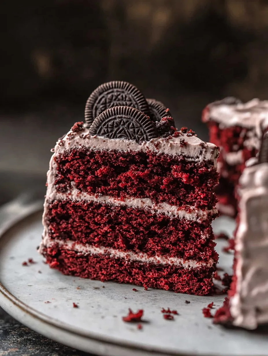 Red-Velvet-Kuchenstück mit Oreos obendrauf.