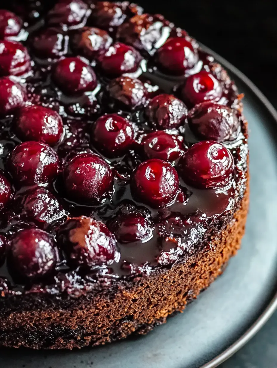 Ein Stück Schokokuchen mit Kirschen oben drauf.