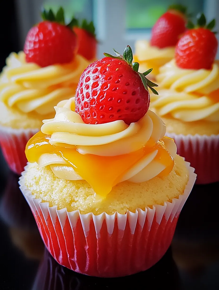 Ein Cupcake mit frischen Erdbeeren oben drauf.