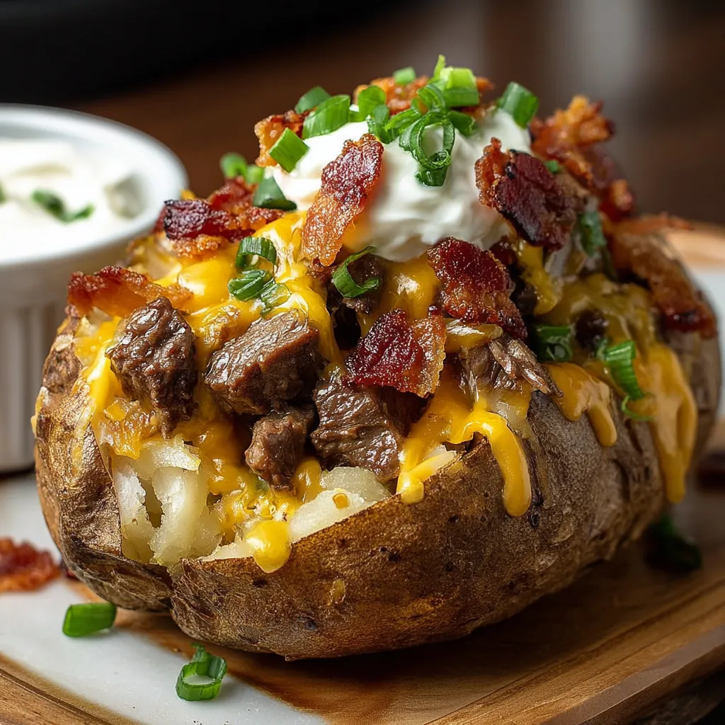 Nahaufnahme von Kartoffeln mit Bacon und Käse.