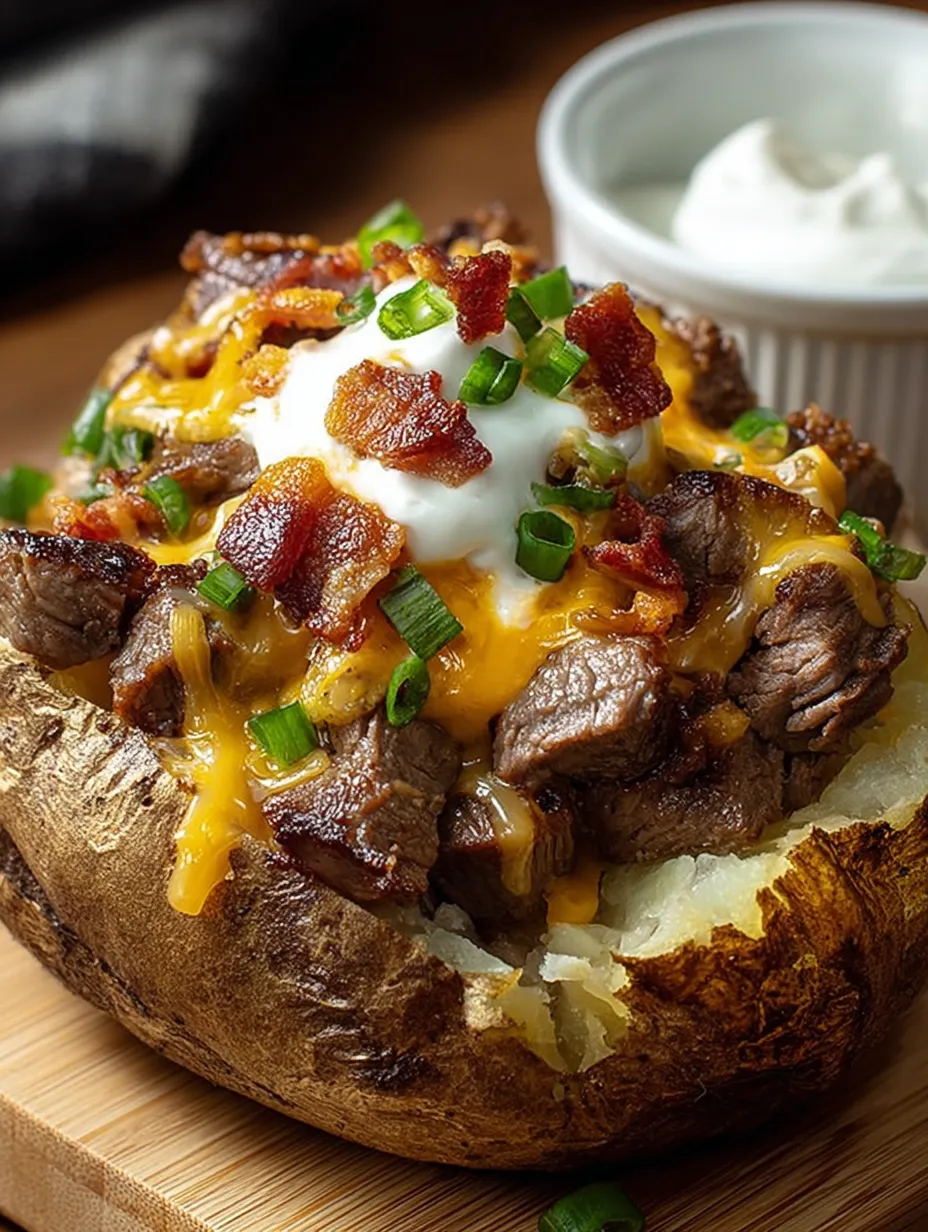 Nahaufnahme einer Kartoffel voller Speck und flüssigem Käse.