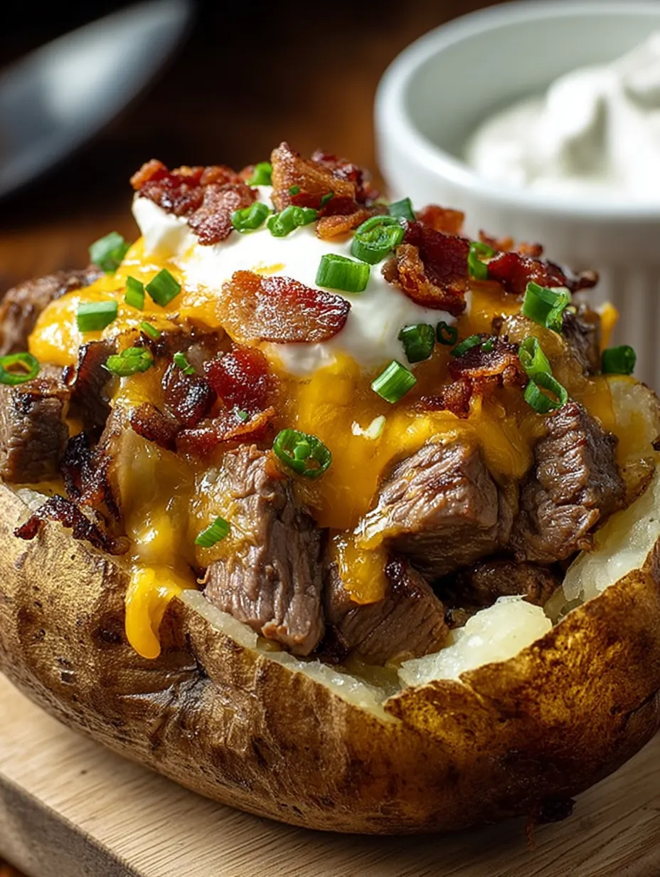 Kartoffel mit Steakstreifen im Baconmantel – von Nahem.