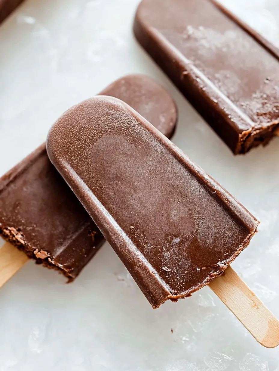 Schoko-Eis am Stiel auf einem Tisch.