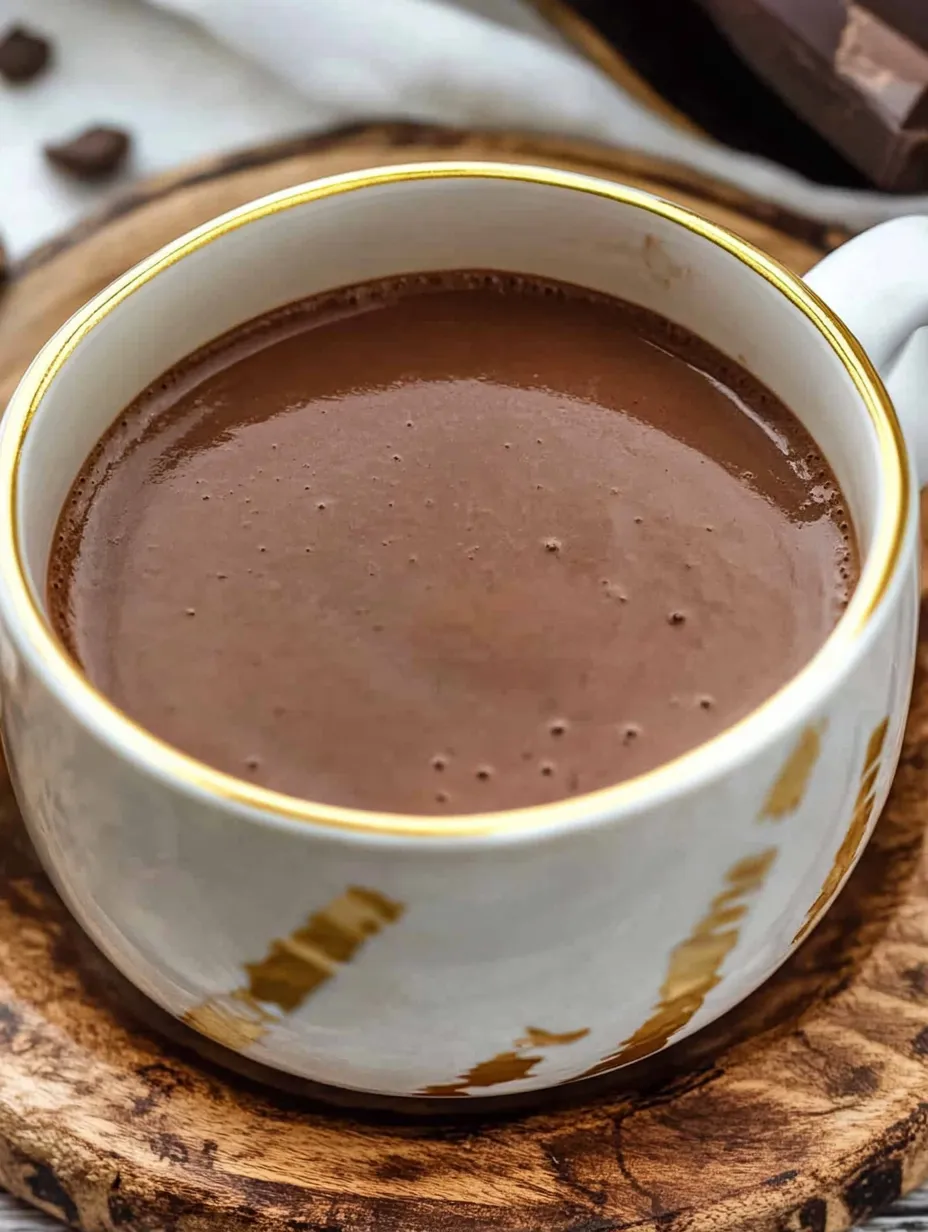Eine Tasse Schokolade steht auf dem Tisch.