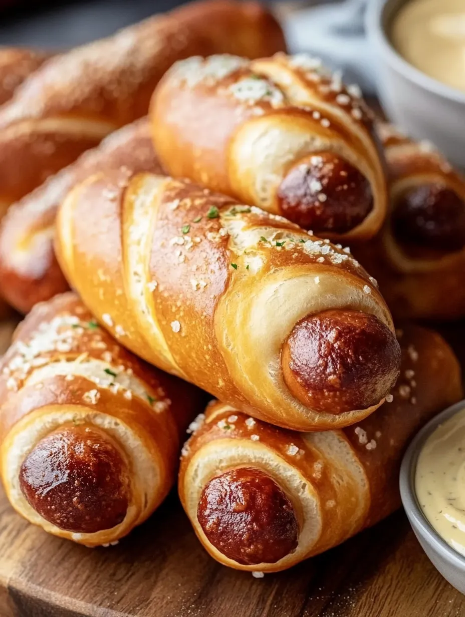 Würstchen im Teig in einer Schüssel mit Dip.