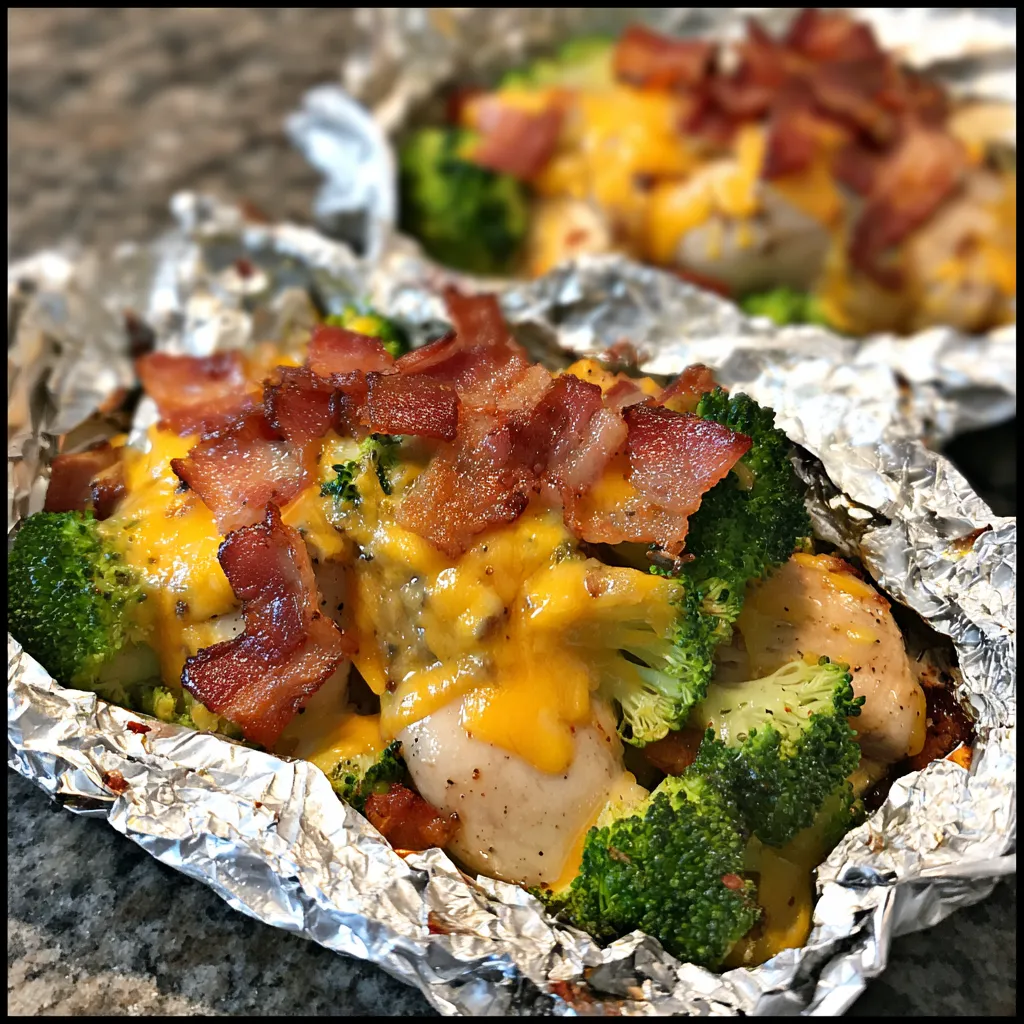 Abendessen mit Hähnchen, Bacon und Brokkoli in Folie.