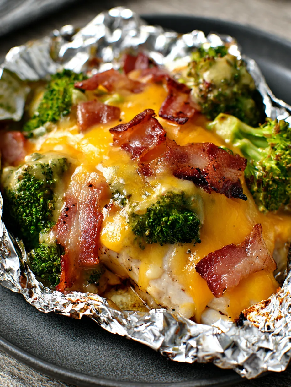 Essen in Folie eingewickelt mit Bacon und Brokkoli zu sehen.