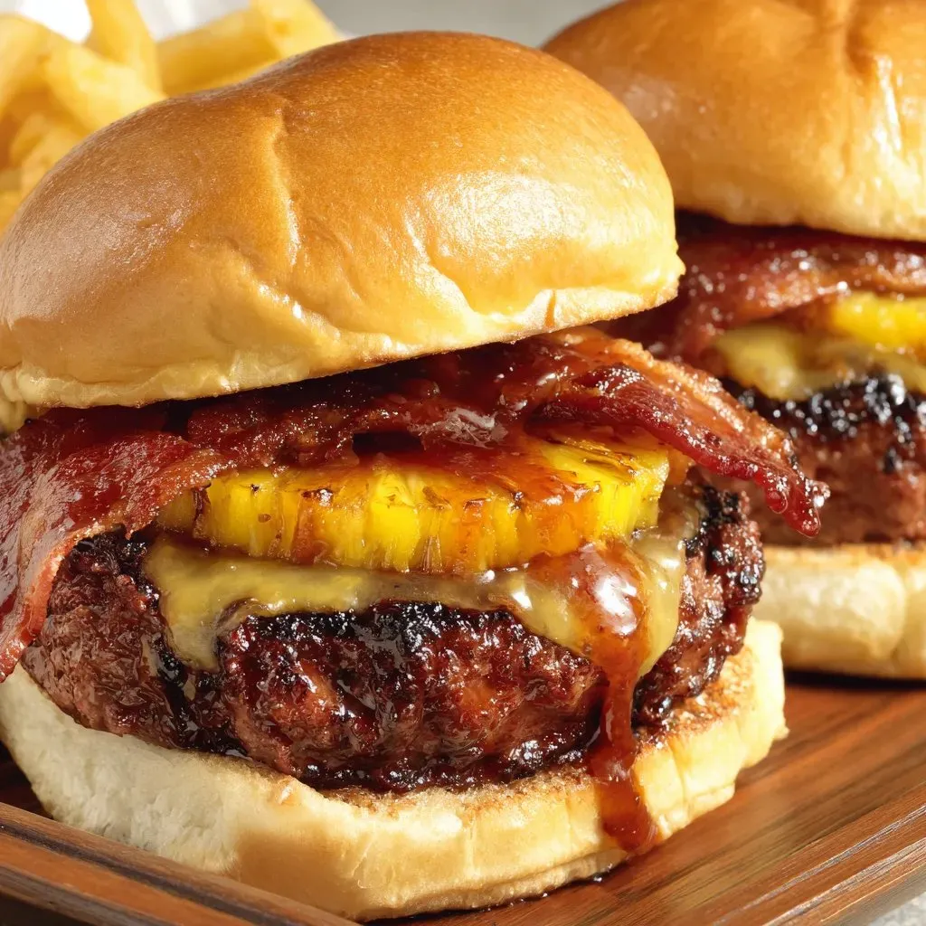 Zwei Burger voll mit Bacon, Ananas und viel Soße.