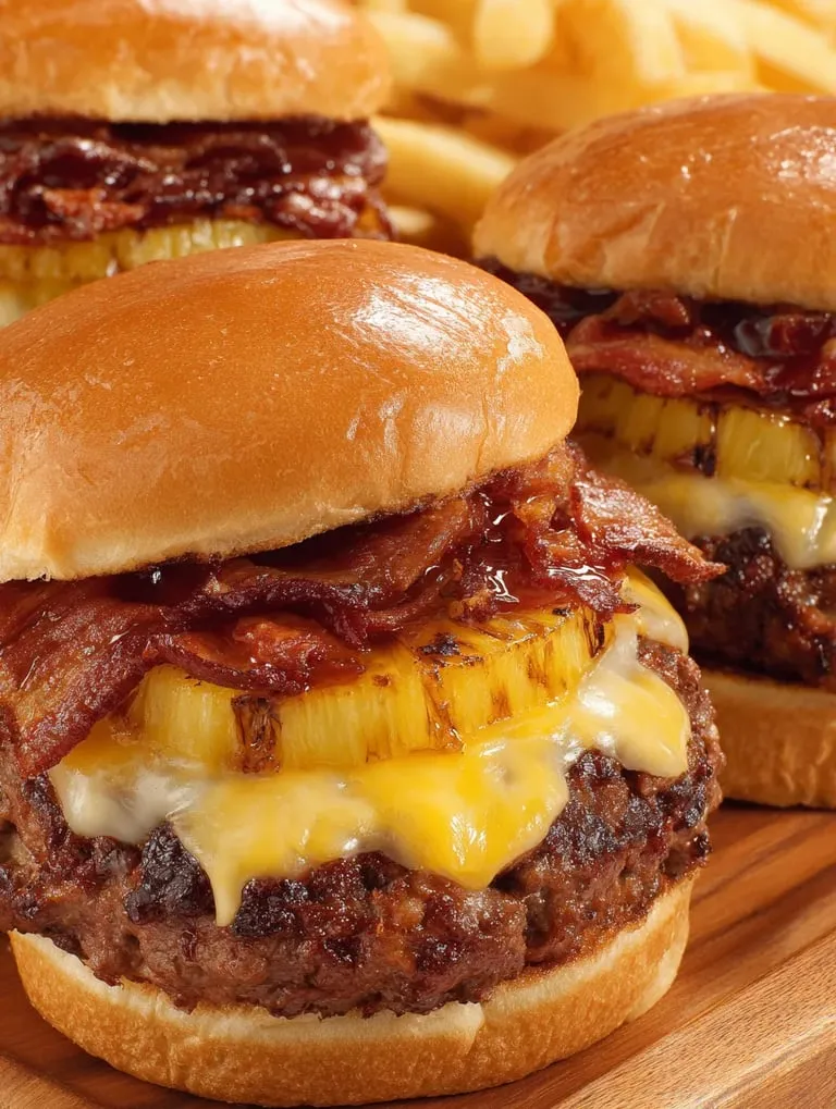 Zwei saftige Burger mit Bacon und Ananas im Brötchen.