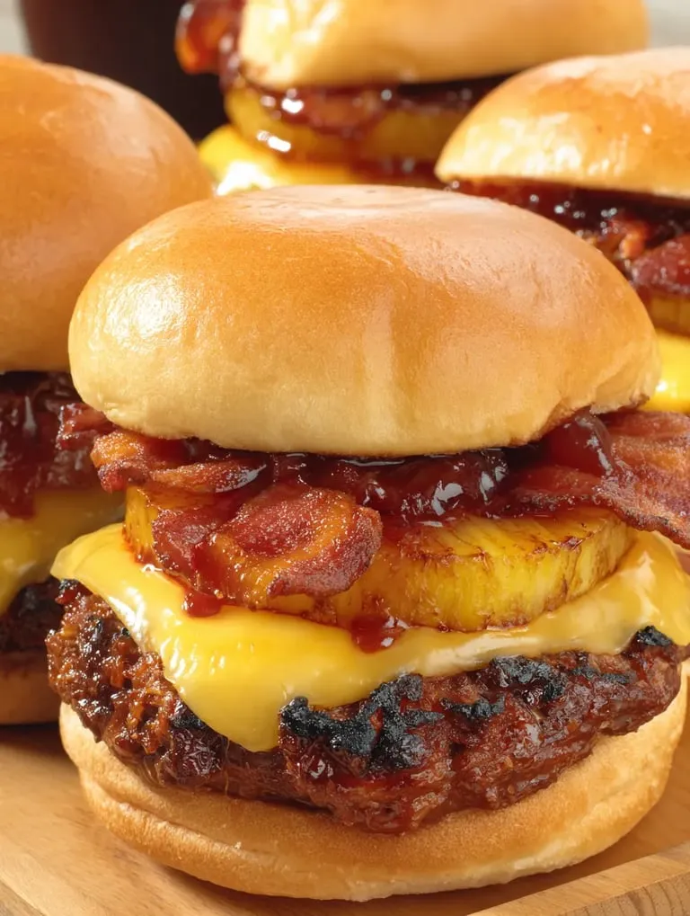 Nahaufnahme von einem Burger mit Ananas, Bacon und Käse im Brötchen.